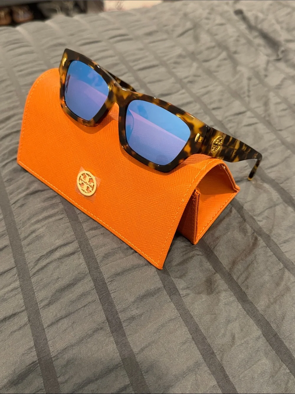 Tory Burch Tortoiseshell Sunglasses with Blue-Purple Lenses